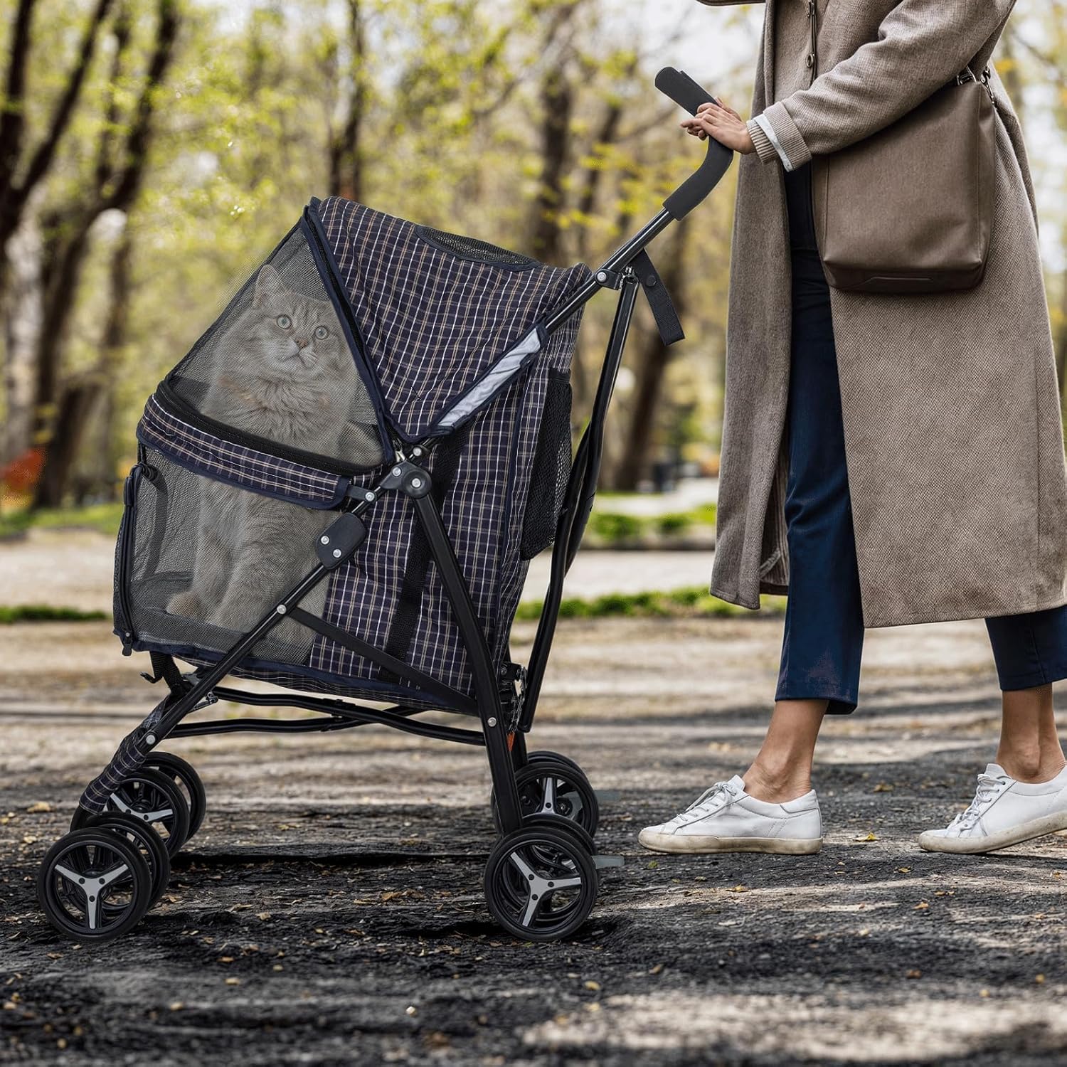 MoNiBloom 4 Wheels Pet Stroller, Easy-Fold Umbrella Shaped Dog Cat Jogger Stroller w/Storage Bag & Visible Mesh for Small/Medium Dogs Cats Plaid - Pawvie
