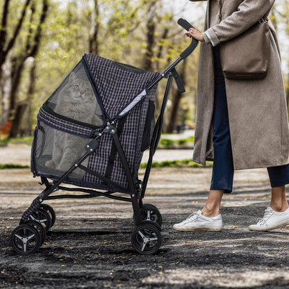 MoNiBloom 4 Wheels Pet Stroller, Easy-Fold Umbrella Shaped Dog Cat Jogger Stroller w/Storage Bag & Visible Mesh for Small/Medium Dogs Cats Plaid - Pawvie