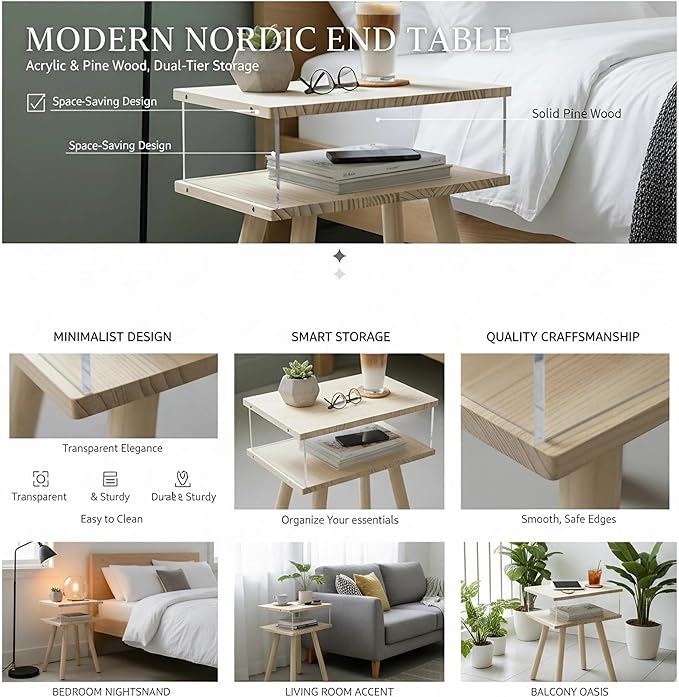 Modern Acrylic Bedside Table, Double-Tier Solid Wood Nightstand with Storage Shelf, Minimalist Floating Side Table Suitable for Bedrooms, Living Rooms, and Compact Spaces