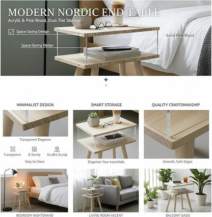 Modern Acrylic Bedside Table, Double-Tier Solid Wood Nightstand with Storage Shelf, Minimalist Floating Side Table Suitable for Bedrooms, Living Rooms, and Compact Spaces