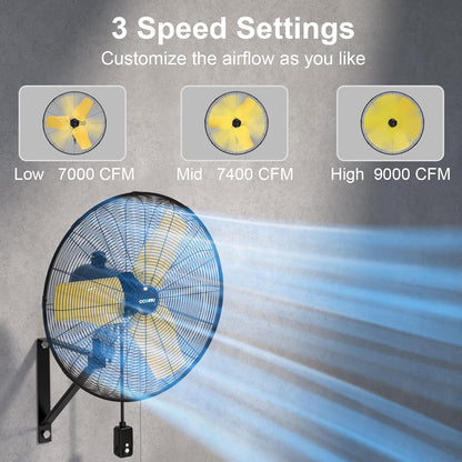 9000 CFM 24" Outdoor Oscillating Wall Fan, High Velocity 3-Speed Waterproof Professional Outdoor Fan, Heavy Duty Industrial Wall Mount Fans for Patio, Commercial, Garage, Warehouse, UL Listed