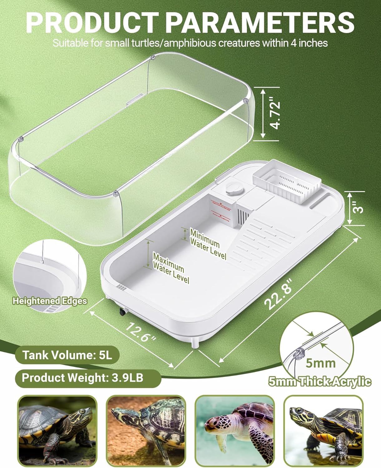Large Turtle Tank Kit with Lamp and Filter, Acrylic Turtle Tank Starter Kit, Tank Aquarium with Heightened and Curved Fences, Bottom Drainage, Multi-Function Areas - Pawvie