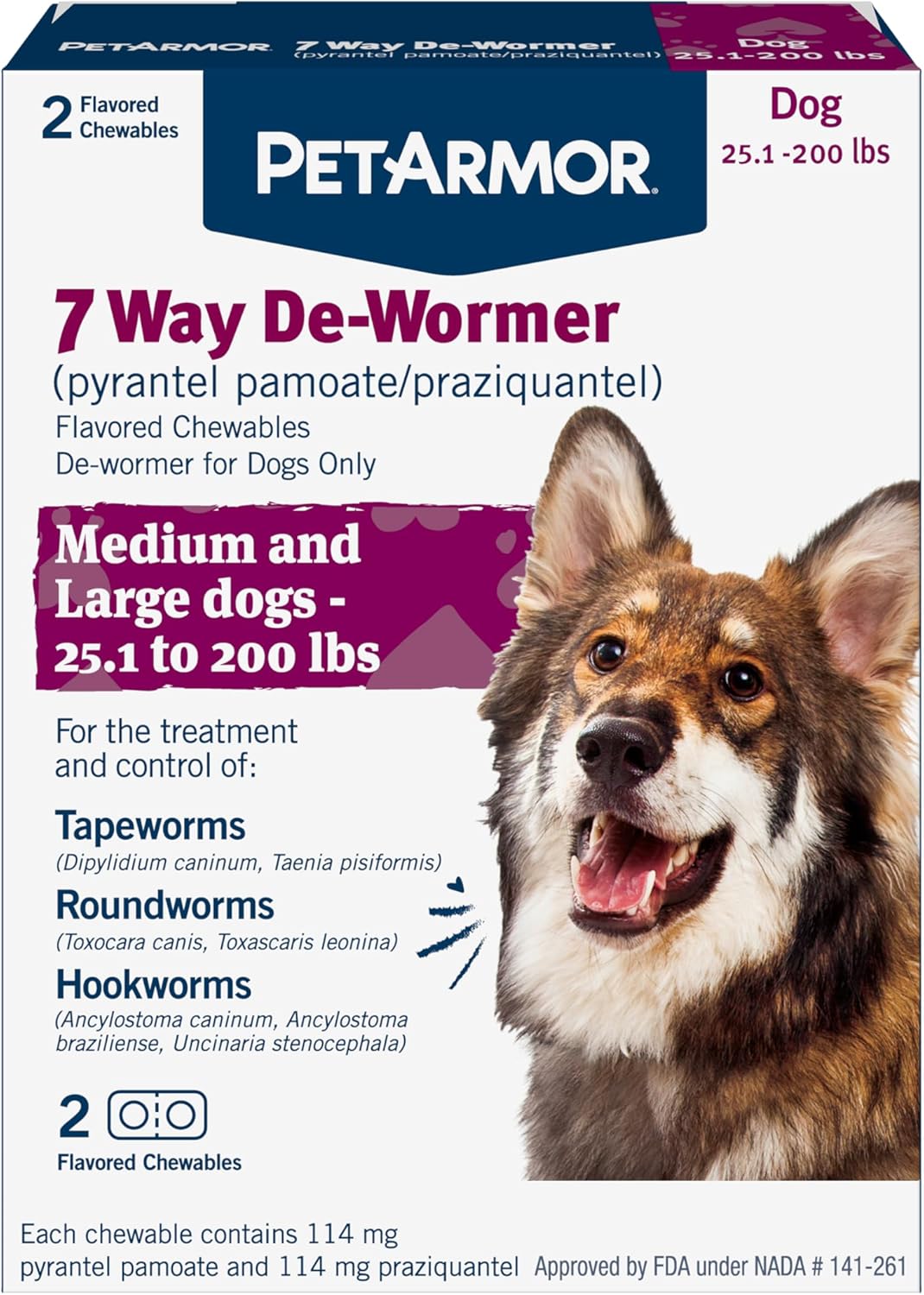 PetArmor 7 Way De-Wormer for Dogs, Oral Treatment for Tapeworm, Roundworm & Hookworm in Large Dogs & Puppies (Over 25 lbs), Worm Remover (Praziquantel & Pyrantel Pamoate), 2 Flavored Chewables