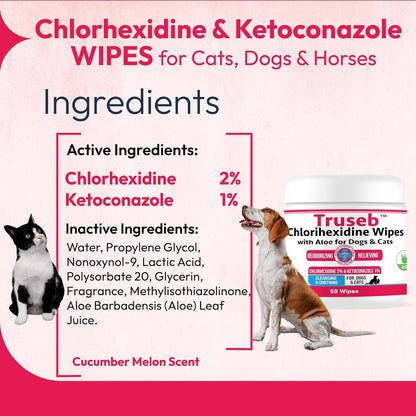Truseb Topical Ketoconazole and Chlorhexidine Wipes for Dogs, Cats and Horses - with Aloe for Cleansing - 50 Count (Ketoconazole & Chlorhexidine Wipes, 50 Count)