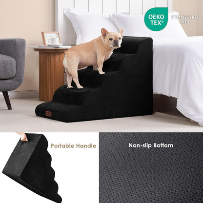 EHEYCIGA Curved Dog Stairs Ramp for High Beds, 5-Step Extra Wide Dog Steps for Small Dogs and Cats, Pet Stairs for High Bed Climbing, Non-Slip Balanced Pet Step Indoor, Black