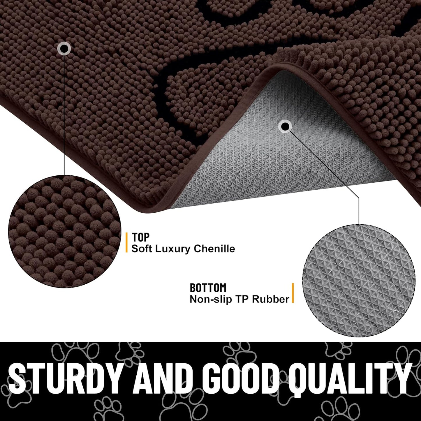 Smiry Dog Door Mat for Muddy Paws, Absorbent Dirt Trapper Non Slip Quick Dry Washable Chenille Mat for Mud Dogs, Entry Rug for Indoor and Outdoor (48x30 Inches, Brown and Black)