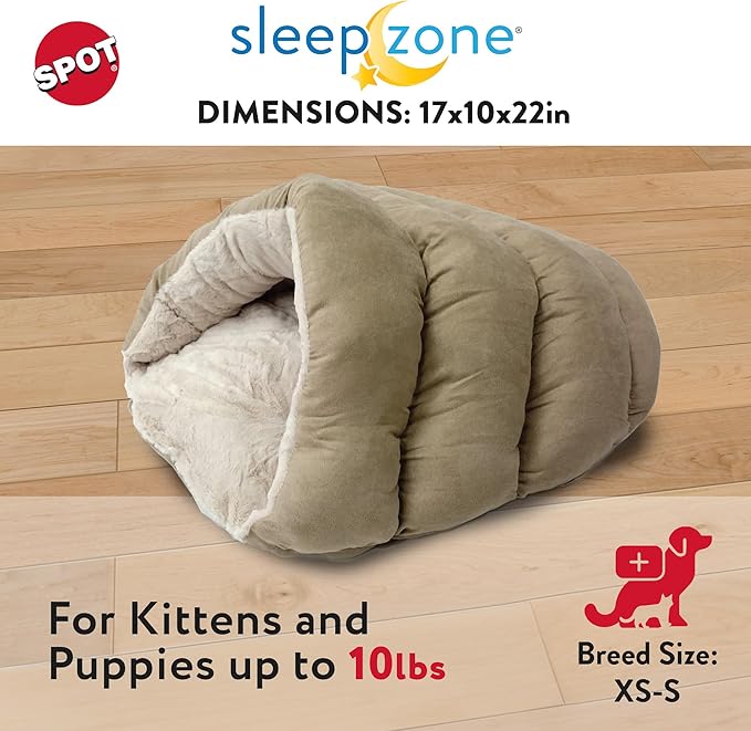 SPOT Sleep Zone Cuddle Cave, Cat Cave Bed for Indoor Cats and Mini Dogs, Durable and Washable, Comfortable for Kittens and Puppies Under 10lbs and 12in Long, Tan Color