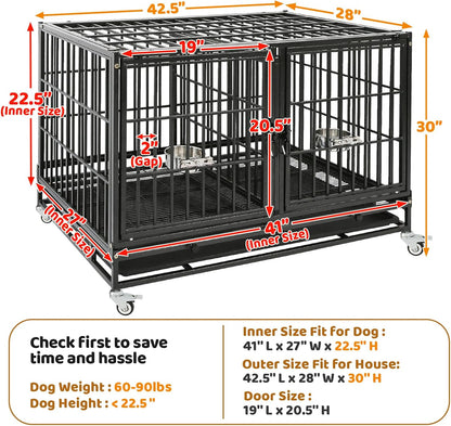 Homey Pet 43 Inch Heavy Duty Dog Crate Cage Kennel for Medium Dogs with Three Door, Divider, Removable Grid & Tray, 4 x Lockable Wheels, 2 x Bowls, Stackable Drop Cages for Breeders, Groomers