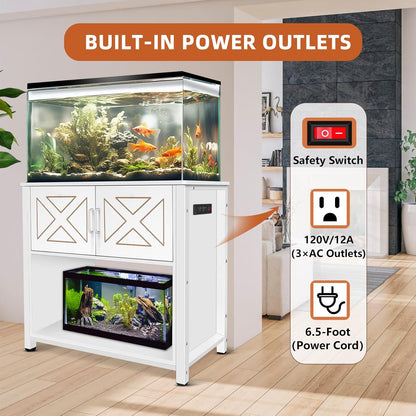 40 Gallon Tank Stand with Cabinet and Power Outlets, Heavy Duty Metal Aquarium Stand for 40-50 Gallon Breeder Tank, Turtle Tank, Double Terrarium Stand, 660LBS Capacity, White