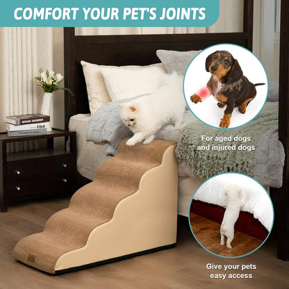 Dog Stairs for High Bed 22.6" H, Small Dog Step for Puppy, Older or Cat, Curved Ramp for Car, Ladder with High Density Foam, Lightweight, Durable, 15.7x33x22.6 inch, 5 Step, Light Brown - Pawvie