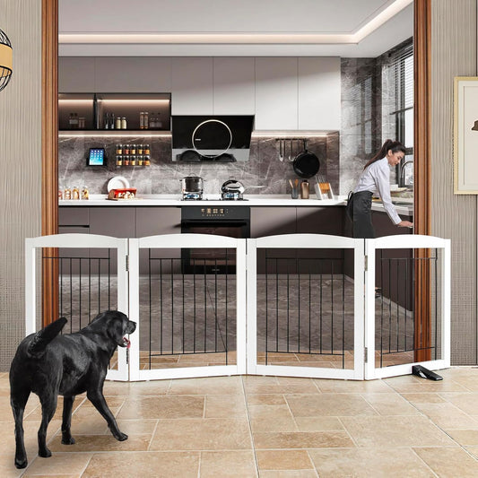 ZJSF Freestanding Dog Fence Indoor, Foldable Dog Gate for Doorways, Stairs or Hallways, Sturdy Wood Extra Wide Pet Gate with Support Feet for The House, White, 24 "Height-4 Panels