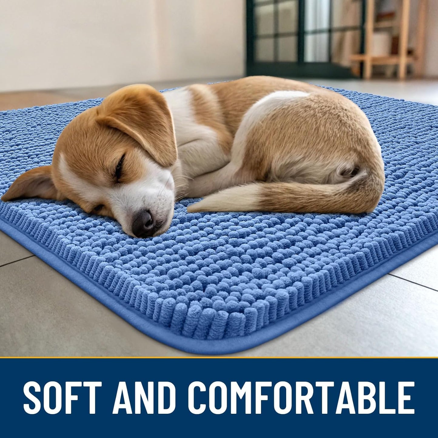 Smiry Dog Door Mat for Muddy Paws 48x30, Absorbs Moisture and Dirt Doormat, Non-Slip Washable Quick Dry Chenille Front Door Mat Indoor Entrance, Entryway Carpet for Inside Floor, Cornflower Blue