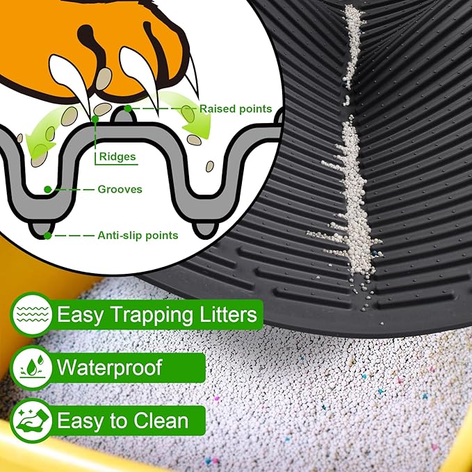 Gosmol Cat Litter Mat XXL 38" x 25" Extra Large Waterproof Trapping Mat with Raised Points, Easy Clean Litter Mat, Non-Slip Silicone Cat Mats for Litter Boxes & Floor-Black