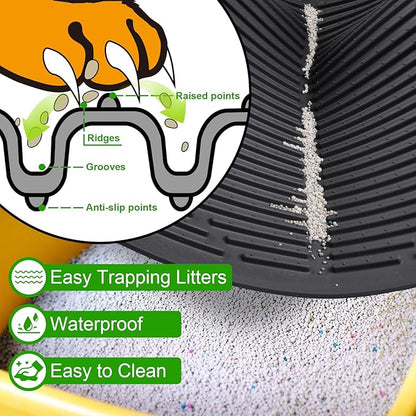 Gosmol Cat Litter Mat XXL 38" x 25" Extra Large Waterproof Trapping Mat with Raised Points, Easy Clean Litter Mat, Non-Slip Silicone Cat Mats for Litter Boxes & Floor-Black