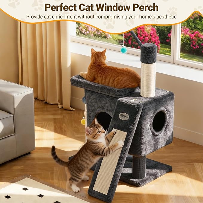 PetDance 37in All-in-1 Small Cat Tree for Indoor Cats | Space-Saving Cat Tower with Cozy Condo, Cat Window Perch, Sisal Scratching Posts, Interactive Ball Track Toy & Self-Grooming Brush,Dark Gray