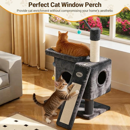 PetDance 37in All-in-1 Small Cat Tree for Indoor Cats | Space-Saving Cat Tower with Cozy Condo, Cat Window Perch, Sisal Scratching Posts, Interactive Ball Track Toy & Self-Grooming Brush,Dark Gray