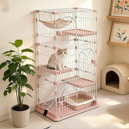 Cat Cage 3-Tier Indoor Cat Enclosure with Widen Bottom Buckle & Reinforced Locking Clamps DlY Cat Playpen for 2-3 Cats & Small Pets,33" Lx 24" W X 64" H (Pink, Three-Tier64)