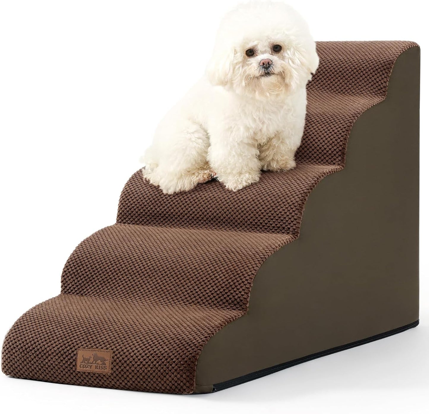 Dog Stairs for High Bed 22.6" H, Small Dog Step for Puppy, Older or Cat, Curved Ramp for Car, Ladder with High Density Foam, Lightweight, Durable, 15.7x33x22.6 inch, 5 Step, Brown - Pawvie