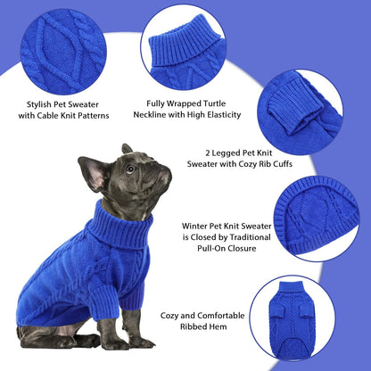 Queenmore Small Dog Pullover Sweater, Cold Weather Cable Knitwear, Classic Turtleneck Thick Warm Clothes for Chihuahua, Bulldog, Dachshund, Pug (Royal Blue, X-Large)