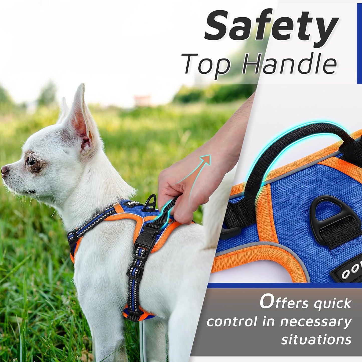 Eagloo Small Dog Harness No Pull, Service Vest with Reflective Strips and Control Handle, Adjustable and Comfortable for Walking, No Choke Pet Harness with 2 Metal Rings, Blue & Orange, XS