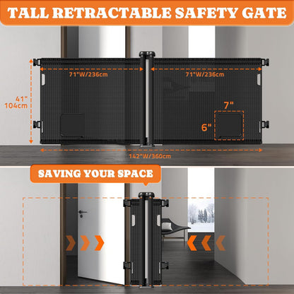 2-in-1 Retractable Baby Gates, 41" Tall Mesh Dog Gate with Cat Door 1-Pack, One Side Up to 71" Wide, Total 142" Wide, Long Retractable Pet Gate for Stairs Landing Indoor Outdoor-Black