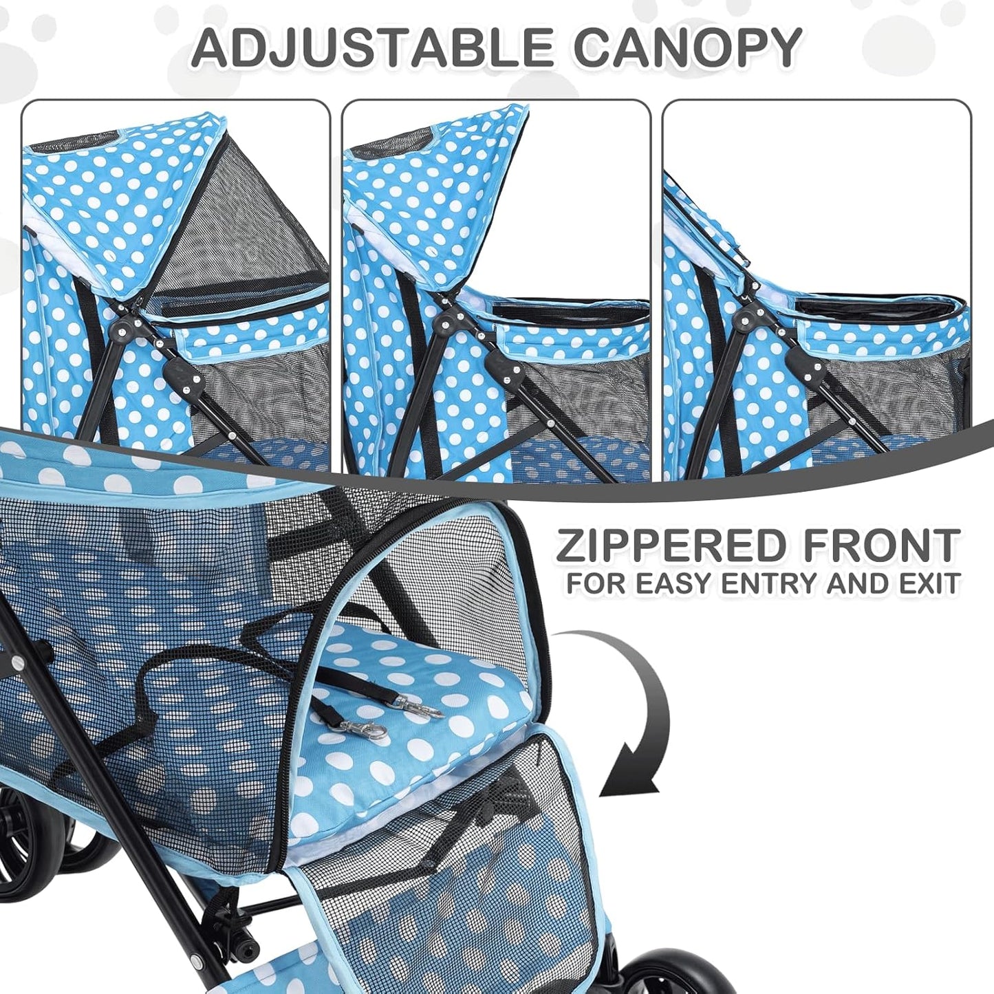 MoNiBloom 4 Wheels Pet Stroller, Easy-Fold Umbrella Shaped Dog Cat Jogger Stroller w/Storage Bag & Visible Mesh for Small/Medium Dogs Cats Sky Blue Polka Dots - Pawvie