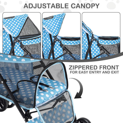 MoNiBloom 4 Wheels Pet Stroller, Easy-Fold Umbrella Shaped Dog Cat Jogger Stroller w/Storage Bag & Visible Mesh for Small/Medium Dogs Cats Sky Blue Polka Dots - Pawvie