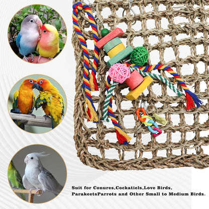 Large Bird Swing Toys, Colorful Parrot Seagrass Mat Hammock with Blocks, Bird Foraging Toy, Bird Cage Accessories, Suitable for Small to Medium Birds Parakeets Lovebirds Cockatiels 15.7 × 11.8 Inches