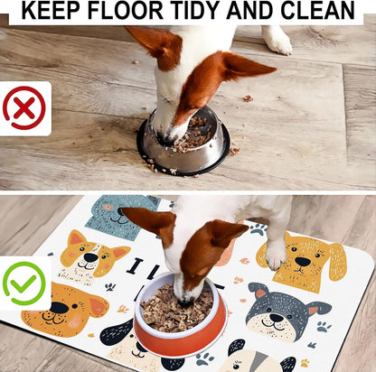 Cute Dogs Pet Cat Dog Food Mat-Absorbent Quick Dry Feeding Placemat for Water and Food, No Stains Rubber Base Mat for Indoor Use, Pet Accessories 16"x24"