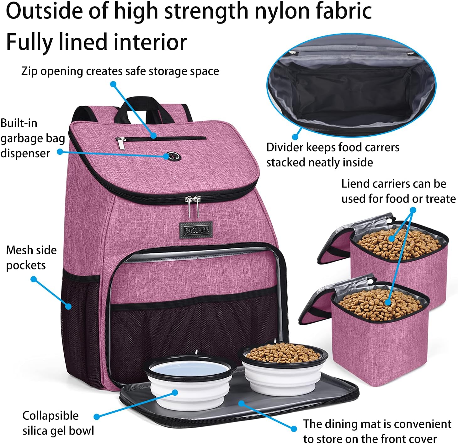 BAGLHER丨Dog Travel Bag, Airline Approved Pet Supplies Backpack, Dog Travel Backpack with 2 Silicone Collapsible Bowls and 2 Food Baskets - Pawvie