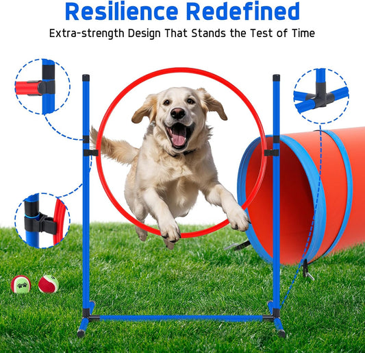 Dog Agility Equipment, Dog Agility Course Backyard Set Obstacle Course Backyard Includes Adjustable High Hurdle,6 Weave Poles,Extended Tunnel,Jump Ring,Square Pause Box,2 Balls,Whistle,2 Carrying Bags