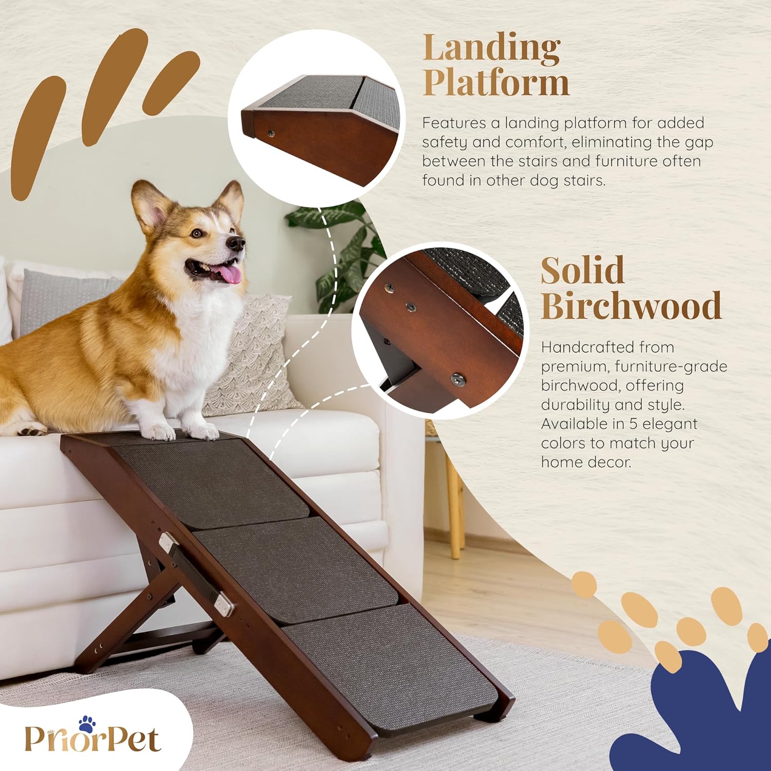 Dog Steps for Bed & Couch 2-in-1 Dog Stairs/Ramp - Height Adjustable Dog Ramp for Couch 7” - 20” - Pet Stairs, Dog Stairs for Small Dogs - Easy to Move Pet Steps with Landing Platform, Walnut - Pawvie