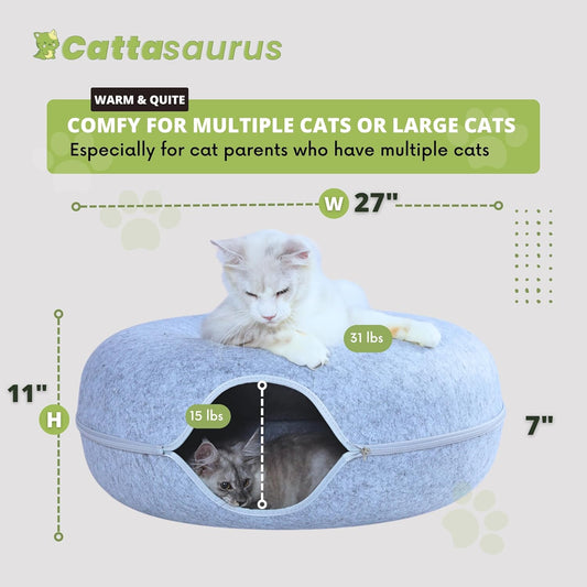 CATTASAURUS Peekaboo Cat Cave for Multiple & Large Cats Up to 30-45 Lbs, Scratch Detachable & Washable Tunnel Bed, Comfy Donut Cat Cave (Light Gray, Jumbo)