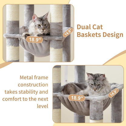 Heybly Heavy Duty Cat Tree, 71-Inch Tall Tower for Large Maine Coon with Extra-Large Baseboard, Cat Condo Furniture with Multi-Level Platforms, 2 Hammocks and 12 Scratching Posts, Light Gray HCT037W