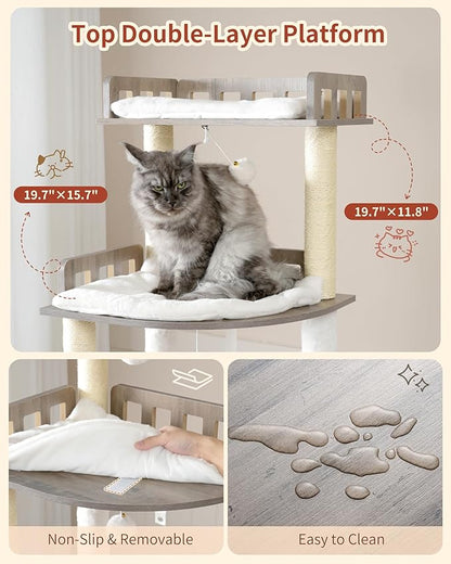 Heybly Cat Tree, 70.5 Inch Wood Tall Cat Tower for Large Indoor Cats with Extra Stable Structure, Modern Cat Furniture with All-Sisal Scratching Posts, Cat Condo & Hammocks, Greige HCT121SG