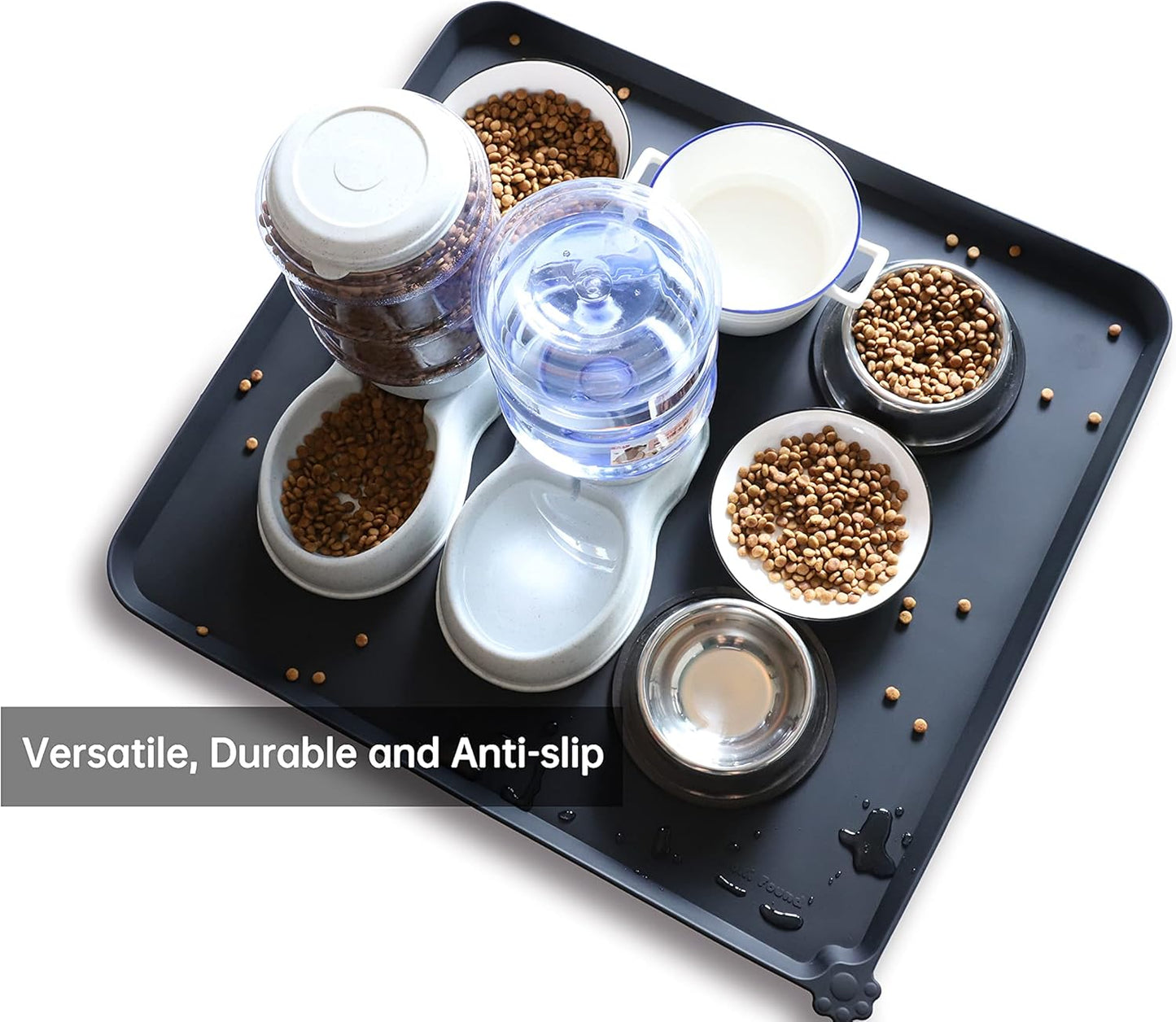 Hoki Found XX-Large Silicone Pet Food Mats - Non-Slip Dog & Cat Feeding Mats - Waterproof for Carpet - Black