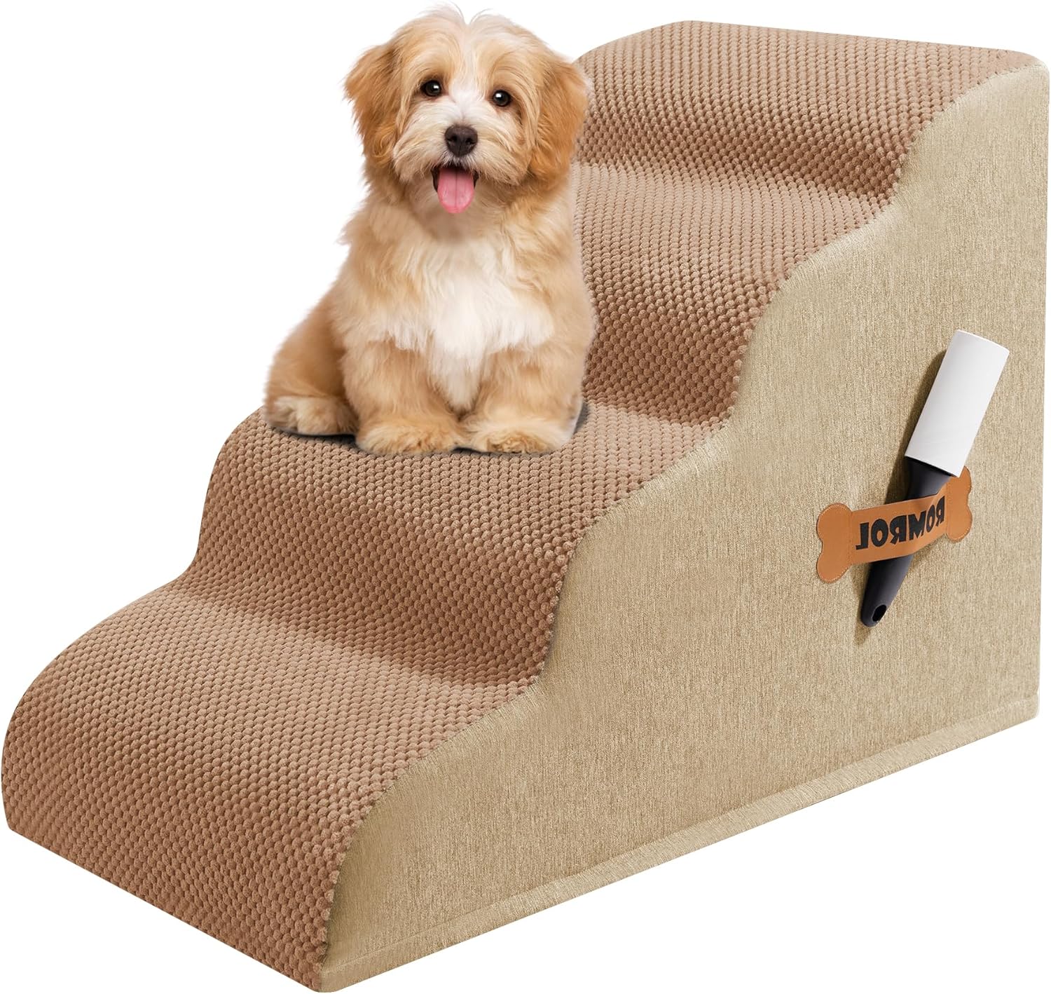 Dog Stairs, Romrol Dog Steps Ramp for High Bed and Couch, Dogs Ramp with Durable Non-Slip Waterproof Fabric Cover, Pet Stairs for Small Dogs and Cats or Pets Joints, 4-TiersLight Brown - Pawvie