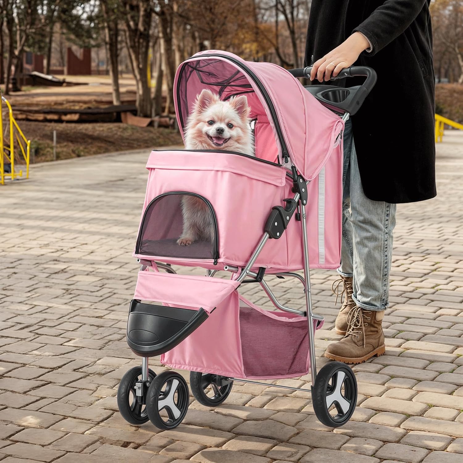MoNiBloom 3-Wheels Foldable Pet Stroller with Waterproof Cover, Pet Strolling Cart for Small/Medium Dogs and Cats with Storage Basket and Cup Holder, Breathable and Visible Mesh for All-Season, Pink - Pawvie