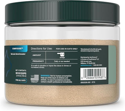 VetriScience Calm & Confident Powder, Composure Calming and Anxiety Supplement for Cats, Reduce Stress and Fear, Ideal for Travel, Vet, Grooming and Routine Changes, Cheese & Chicken Flavor, 60 Scoops