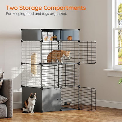 HOOBRO Cat Cage with Litter Box, 3 Tier Indoor Cat Enclosure Playpen with Storage, Food Bowls and Scratching Post, Detachable Metal Wire Kennel Crate, 27.6" L x 17.7" W x 48.8" H, Black and Grey