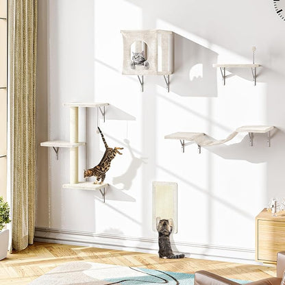 NUNU LAB Cat Wall Shelves, 5Pc Wall Mounted Cat Climber, Floating Perch, Bridge,Tree, House, Modern Indoor Furniture for Kitten - Beige