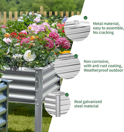 Land Guard Galvanized Raised Garden Bed with Legs, 96×24×32in Raised Garden Beds Outdoor with Drainage Holes, Planter Boxes Outdoor for Backyard, Patio, Balcony, 800lb Capacity, Silver