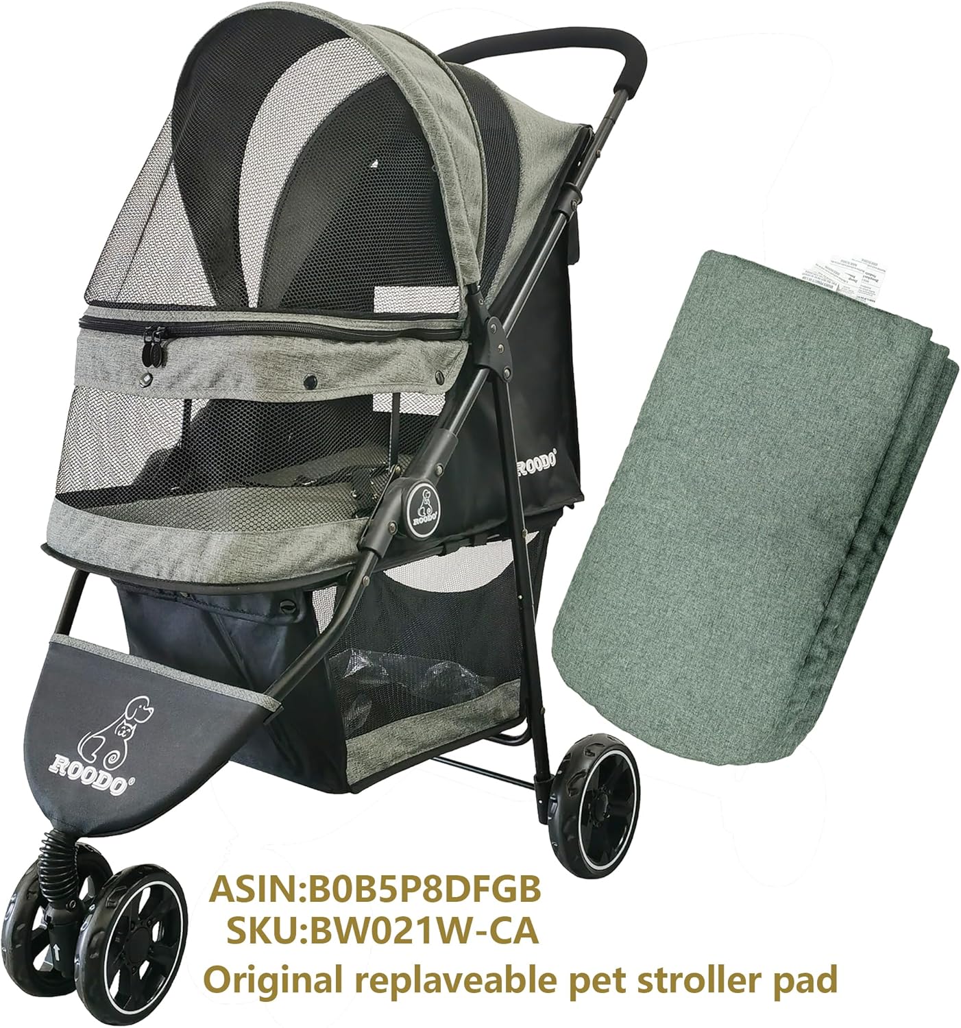 ROODO Pet Stroller Inner Pad for Exclusive Use,Original,Replaceable,Easy to Clean,Set of 3 pc(Cationic ash) - Pawvie