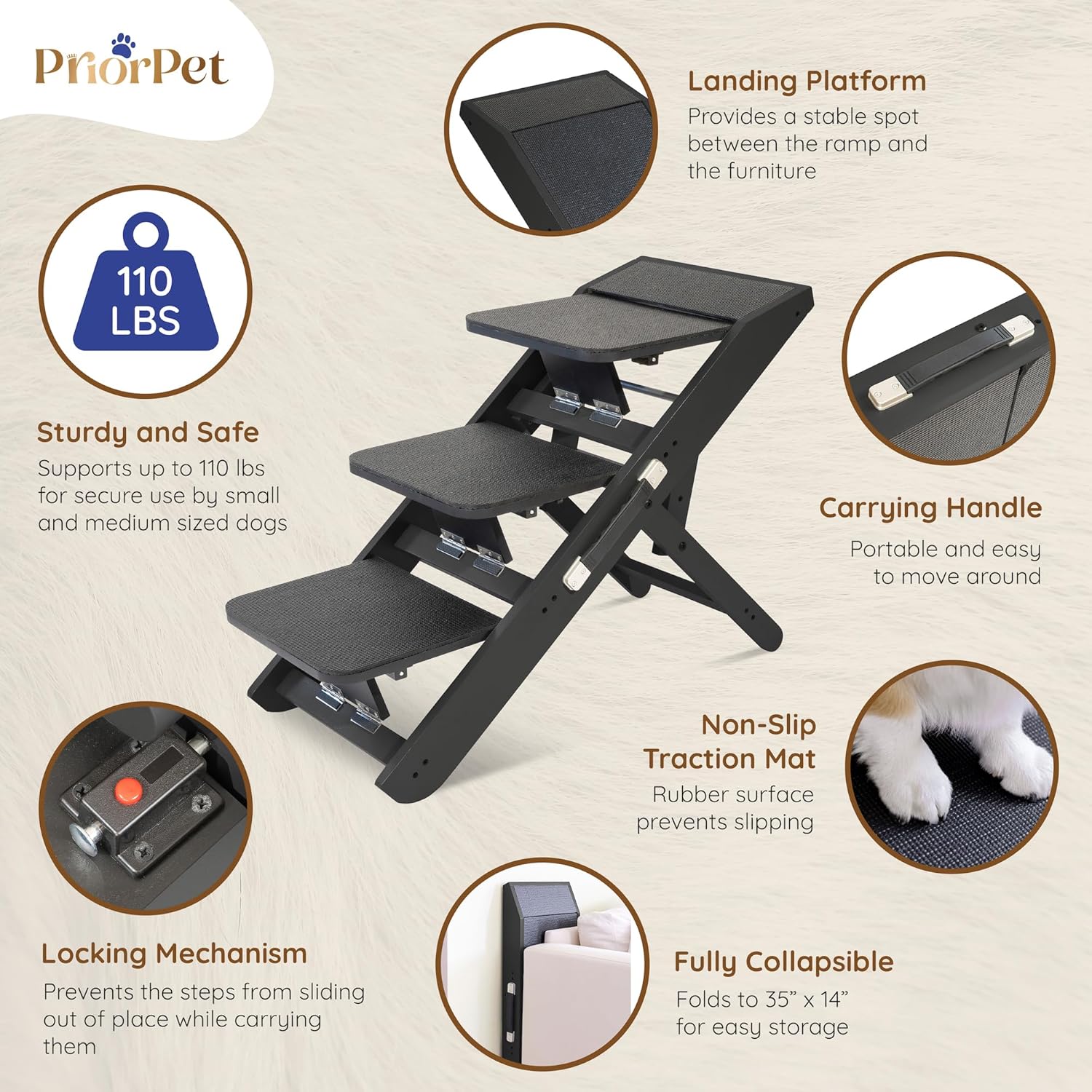 Dog Steps for Bed & Couch 2-in-1 Dog Stairs/Ramp - Height Adjustable Dog Ramp for Couch 7” - 20” - Pet Stairs, Dog Stairs for Small Dogs - Easy to Move Pet Steps with Landing Platform, Black - Pawvie