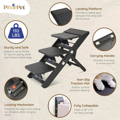 Dog Steps for Bed & Couch 2-in-1 Dog Stairs/Ramp - Height Adjustable Dog Ramp for Couch 7” - 20” - Pet Stairs, Dog Stairs for Small Dogs - Easy to Move Pet Steps with Landing Platform, Black - Pawvie