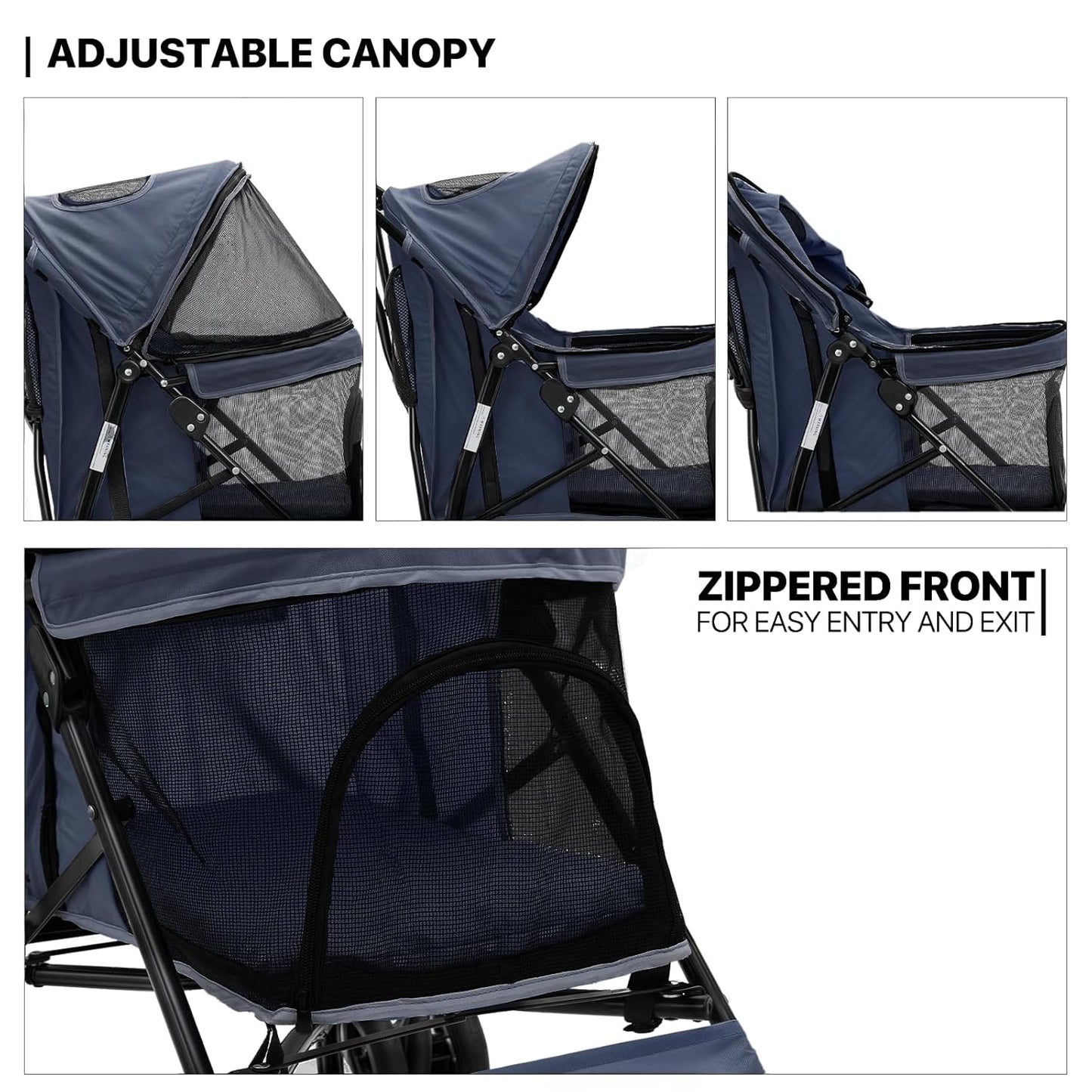 MoNiBloom 4 Wheels Pet Stroller, Easy-Fold Puppy Cage Jogger Stroller with Sun Cover, Pad and Rear Storage Bag, Breathable and Visible Mesh for Small/Medium Pets up to 22 lbs, Navy Blue - Pawvie