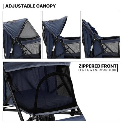 MoNiBloom 4 Wheels Pet Stroller, Easy-Fold Puppy Cage Jogger Stroller with Sun Cover, Pad and Rear Storage Bag, Breathable and Visible Mesh for Small/Medium Pets up to 22 lbs, Navy Blue - Pawvie