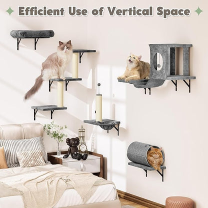 NUNU LAB Wall Mounted Cat Wall Shelves, 14-in-1 Cat Wall Climber with Bridge, Tunnel, House, Scratcher, Steps, Indoor Space-Saving Furniture for Kittens Play, Gray