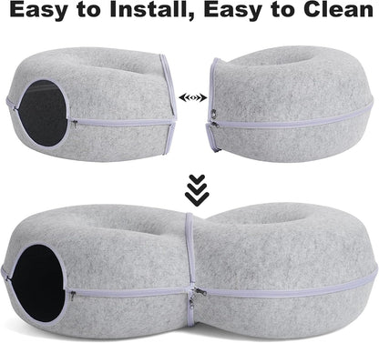 8-Shaped Large Cat Tunnel Bed for Indoor Cats, Infinite Circulation Peekaboo Cat Cave with 12 Toy Balls, Cat Donut Tunnel for Cats up to 30 Pounds (Light Grey, L 38x24x11in)