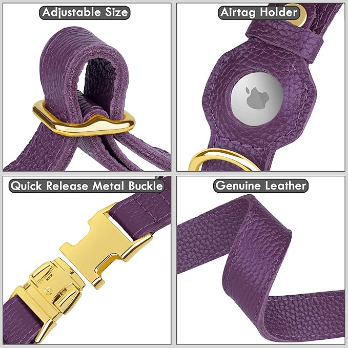 Leather Airtag Dog Collar - Soft Tracking Dog Collar with Apple AirTag Holder and Metal Buckle - Safety GPS Pet Collars for Small Medium Large Dogs Puppy Pink Red (Purple, M, 14"-18" Neck Fit)
